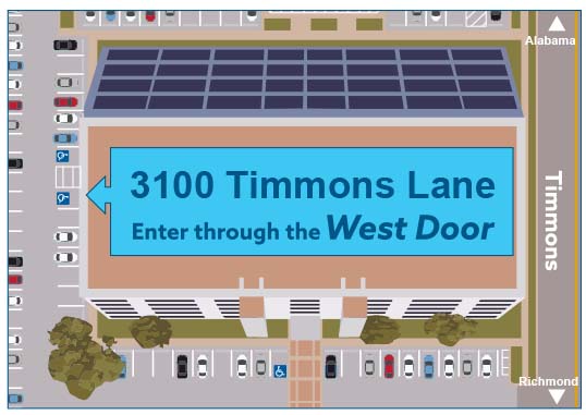 3100 Timmons. Enter through the West Door.